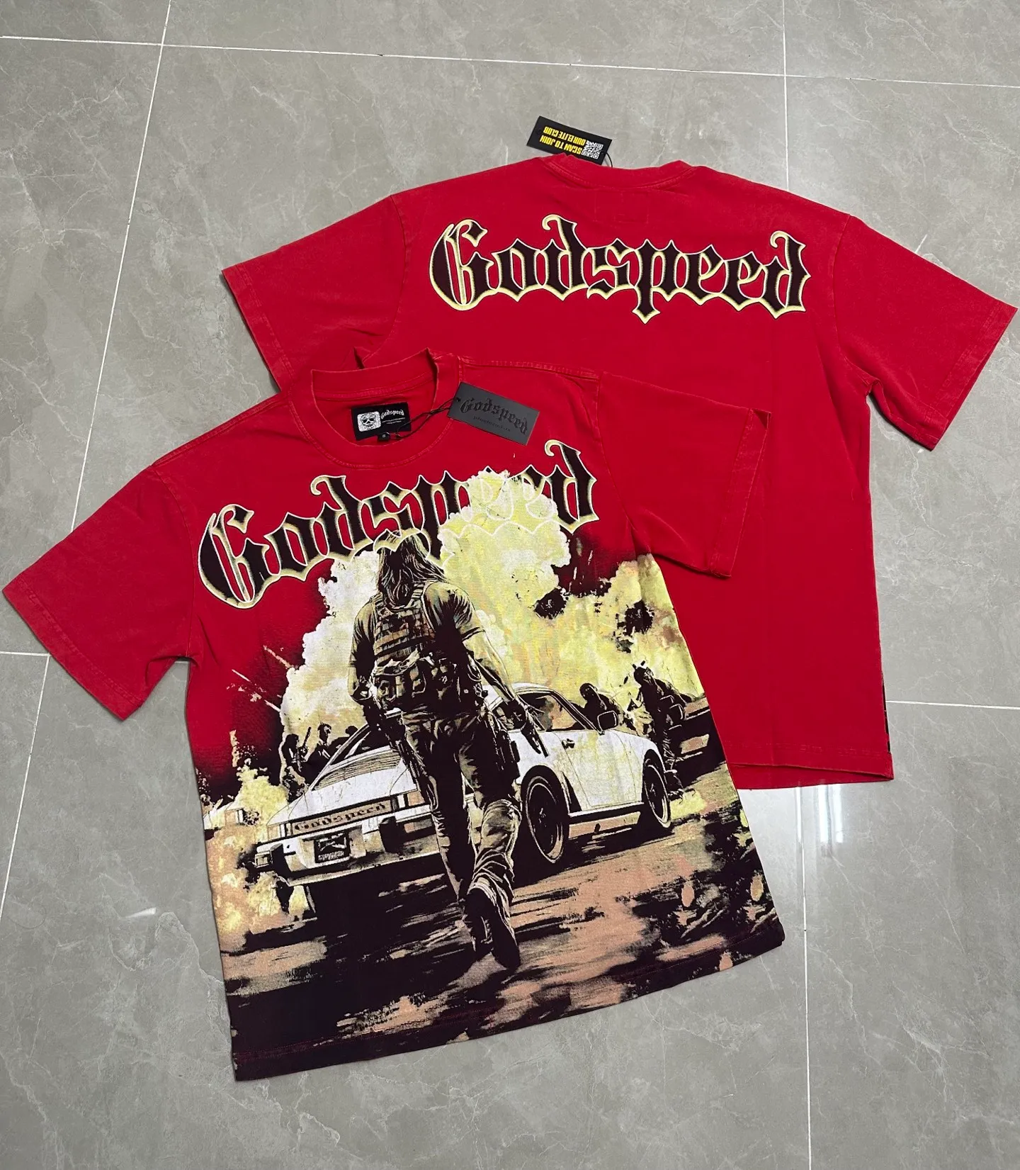 6137# Washed and fried Chinese red｜In Stock real shot (American trend niche) Godspeed cross-border American rock street washed Retro style short-sleeved T (craft printing) Fabric (fabric): 32 combed double yarn Weight Sizes (size): S-M-L-XL Color (colour): washed Chinese red
